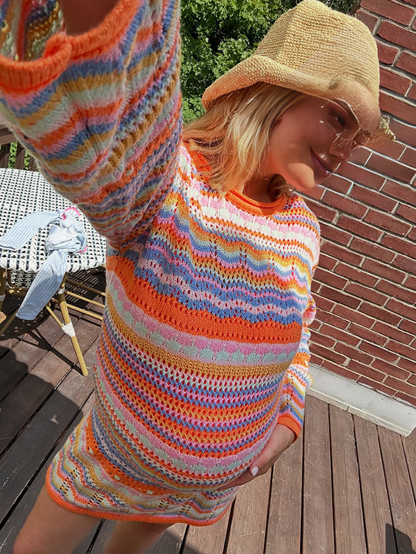 Fotobeyou Orange Round Neck Striped Crochet Maternity Sweater Mini Dress