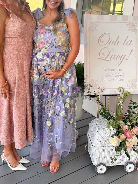 fotobeyou Embroidery Flowers Tutu Grenadine Baby Shower Maternity Maxi Dress