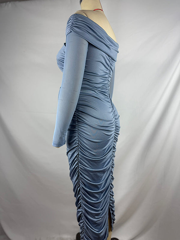 fotobeyou Blue Ruched Off Shoulder Cross Chest Bodycon Elegant Wedding Guest Maternity Photoshoot Midi Dress
