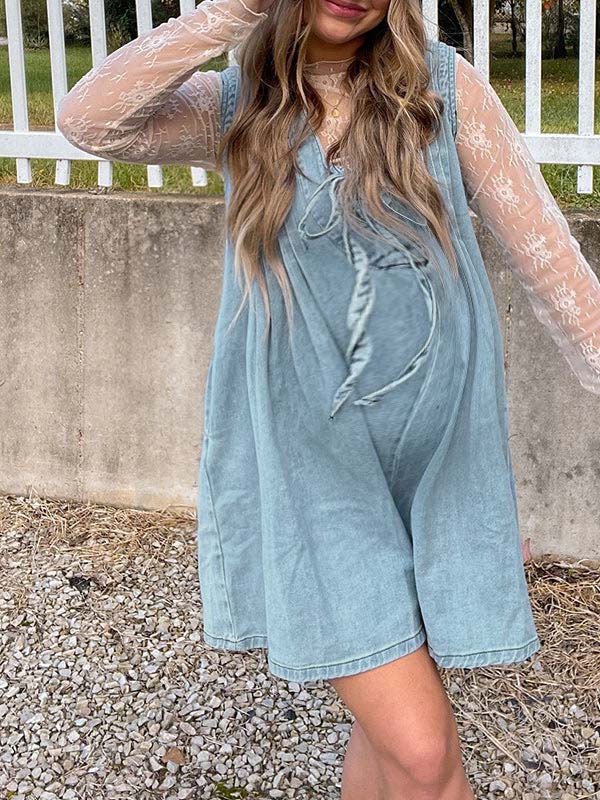 fotobeyou Light Blue Tie Bow Wide Leg Daily Going Out Maternity Denim Jumpsuit