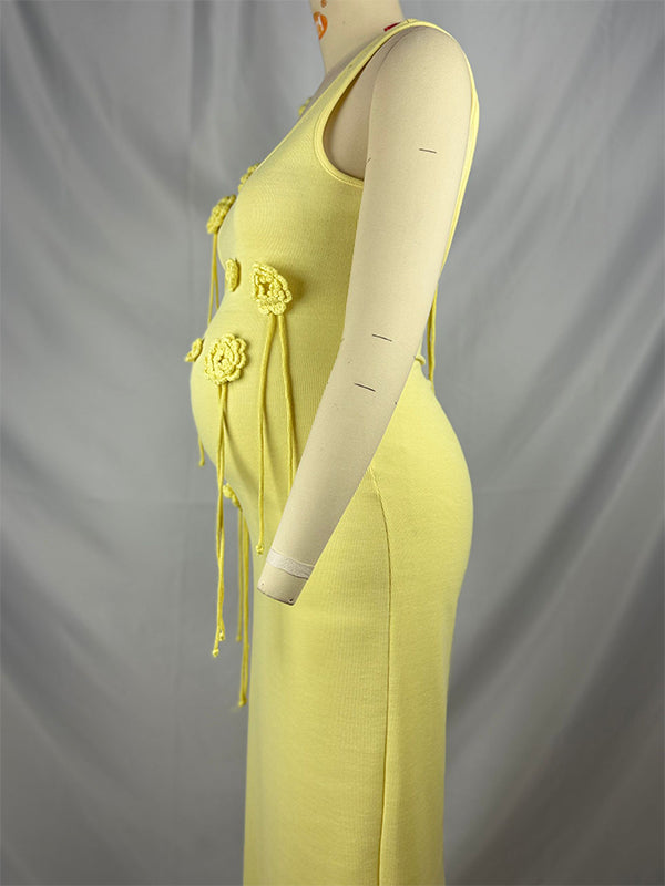fotobeyou 3D Flowers Knit Backless U-neck Bodycon Vacation Bodycon Elegant Photoshoot Baby Shower Maternity Maxi Dress
