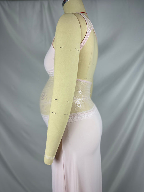 fotobeyou Lace Patchwork Backless Elegant Maternity Baby Shower Maxi Dress