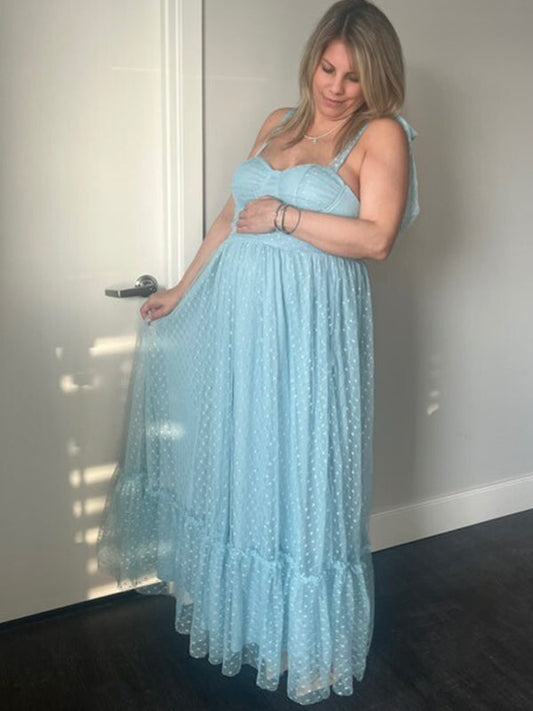 fotobeyou Solid Color Tulle Spaghetti Strap Backless Ruffle Lace-up Grenadine Photoshoot Gown Baby Shower Maternity Maxi Dress