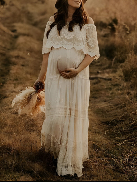 fotobeyou White Off Shoulder Lace Tiered Boat Neck Flowy Elegant Maternity Photoshoot Dress