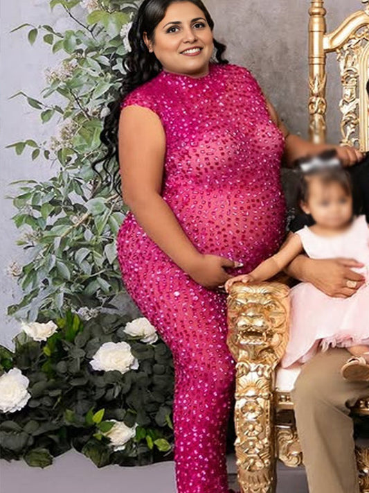 fotobeyou Diamond Starry Mandarin Sleeveless Plus Size Maternity Maxi Dress