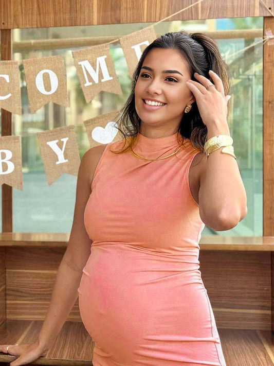 fotobeyou Pink High Neck Sleeveless Elegant Maternity Baby Shower Midi Dress