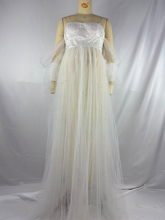 fotobeyou Pearl Off Shoulder Front Open Slit Sheer Elegant Photoshoot Maternity Maxi Dress