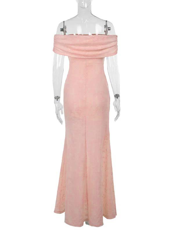 fotobeyou Pink Jacquard Textured Ruched Off Shoulder Mermaid Elegant Maternity Photoshoot Maxi Dress