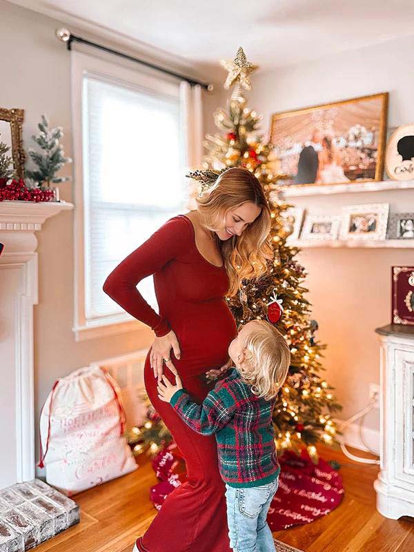 fotobeyou Burgundy Ruched Square Neck Bodycon Christmas Going Out Elegant Maternity Photoshoot Maxi Dress