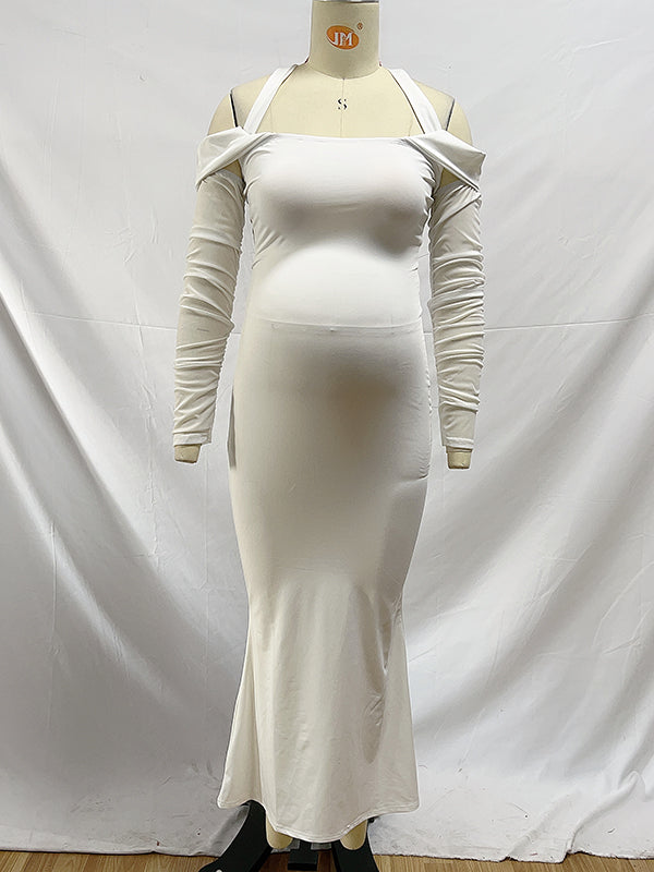 fotobeyou White Off Shoulder Halter Neck Bodycon Elegant Cocktail Maternity Baby Shower Maxi Dress