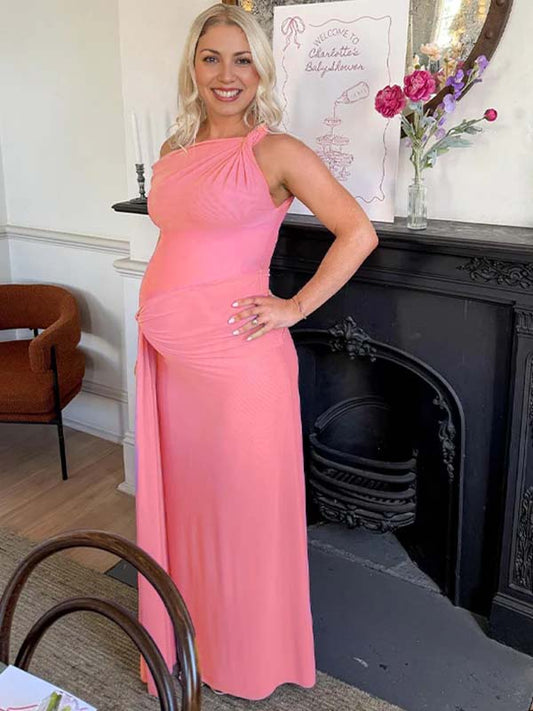 Pink One Shoulder Ruched Mesh ELegant Maternity Maxi Dress
