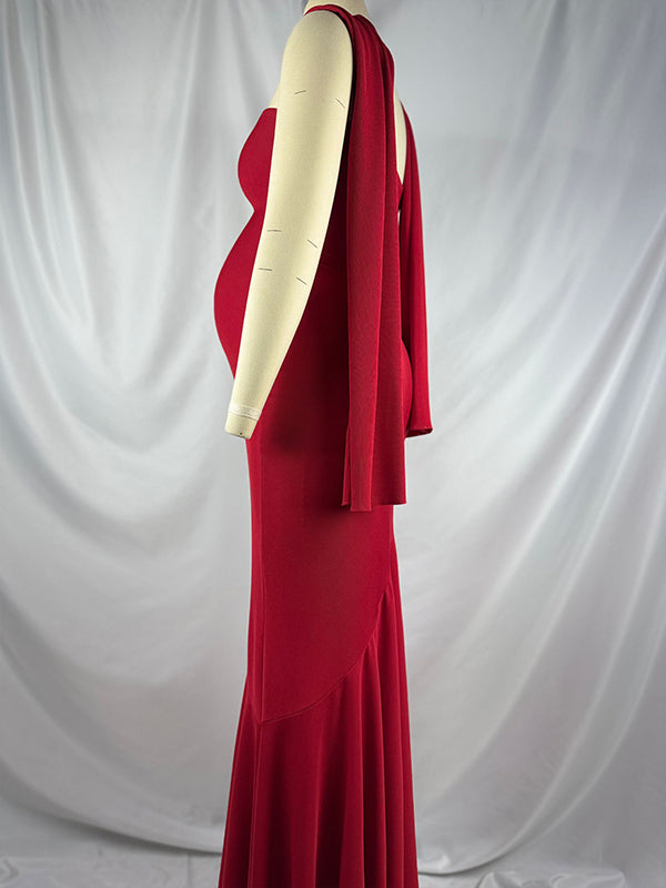 fotobeyou Red Strapless Scarf Mermaid Elegant Maternity Photoshoot Maxi Dress