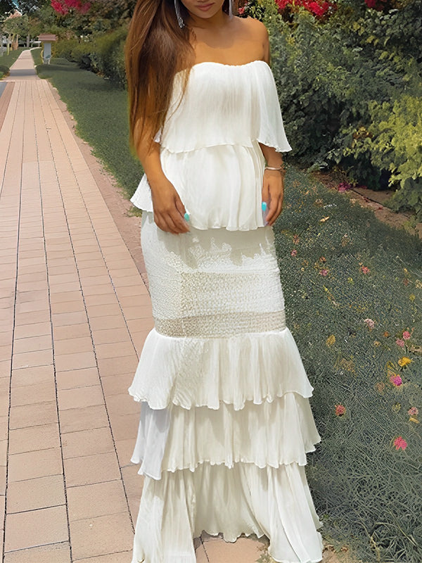 fotobeyou Off Shoulder Bandeau Ruffle Falbala Bodycon Baby Shower Cute Maternity Maxi Dress