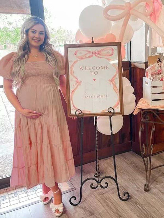 fotobeyou Pink Smocked Square Neck A-line Puff Sleeve Sweet Maternity Baby Shower Maxi Dress