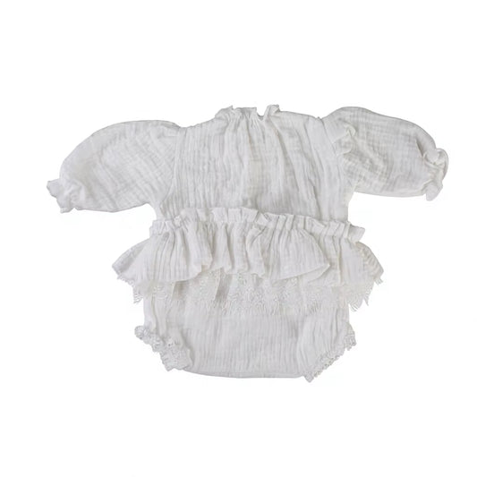 White Pleated Cotton Muslin Romper - Soft Organic-Look Newborn Photo Outfit