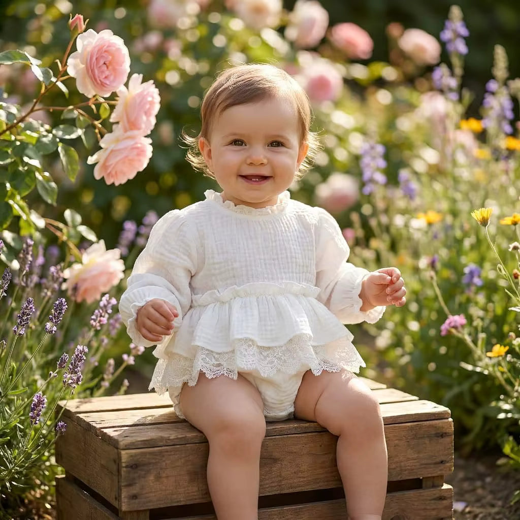 White Pleated Cotton Muslin Romper - Soft Organic-Look Newborn Photo Outfit
