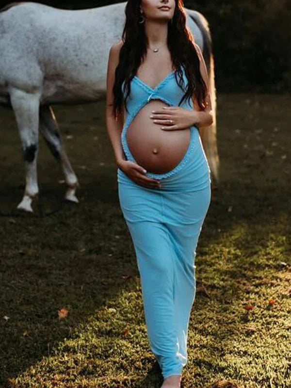 fotobeyou Blue Ruffle Falbala Bow Cut Out Sleeveless Cami Bodycon Maternity Maxi Dress