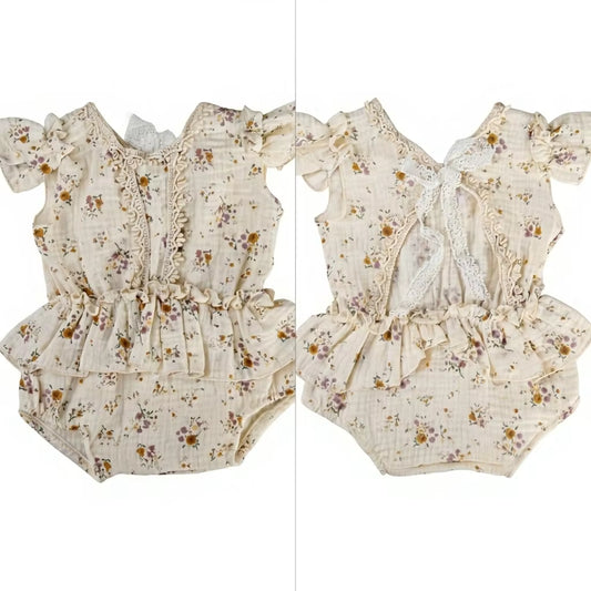 Floral Muslin Newborn Romper - Lace Trim Photography Outfit for Baby Girls