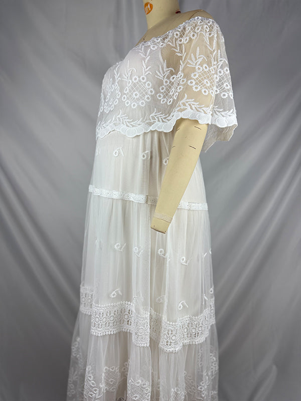 fotobeyou White Off Shoulder Lace Tiered Boat Neck Flowy Elegant Maternity Photoshoot Dress