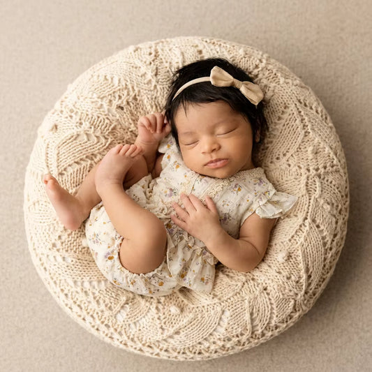 Cream Floral Muslin Newborn Romper with Lace Trim