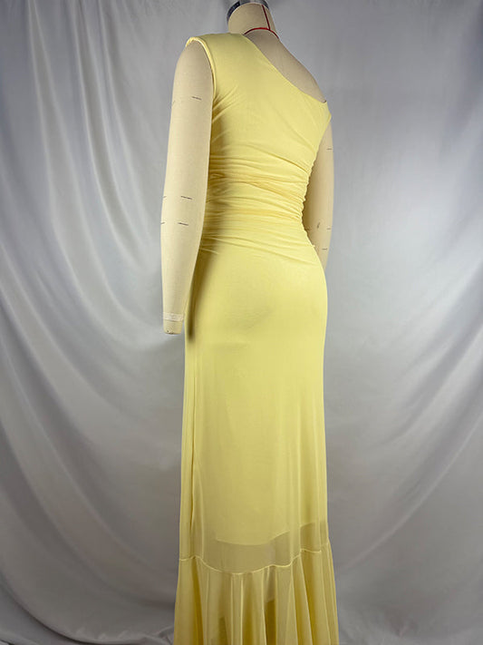 fotobeyou Yellow Mesh Ruffle One Shoulder Side Slit Maternity Maxi Dress