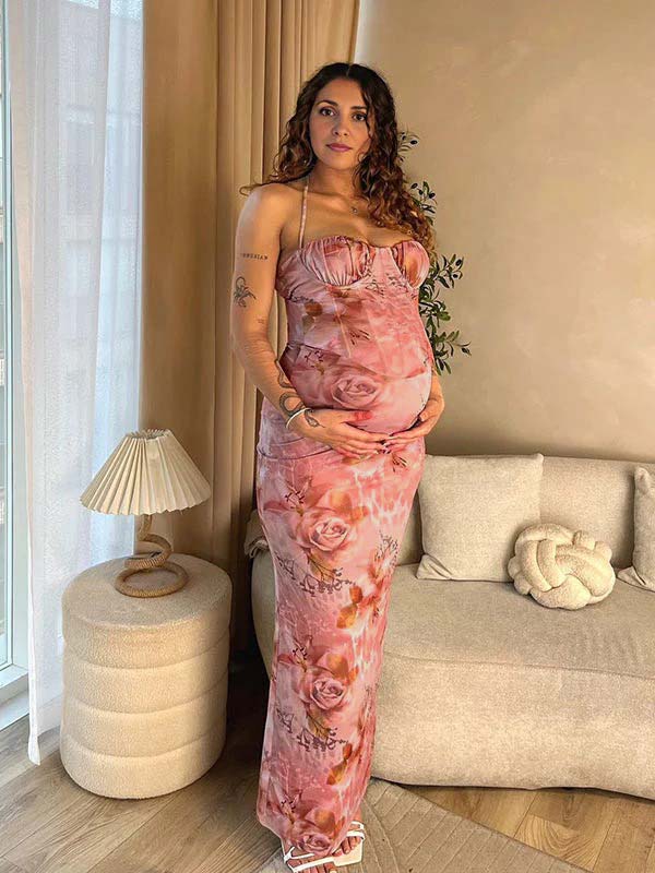 fotobeyou Pink Floral Corset Back Slit Halter Neck Cami Bodycon Chic Cocktail Party Maternity Photoshoot Baby Shower Maxi Dress