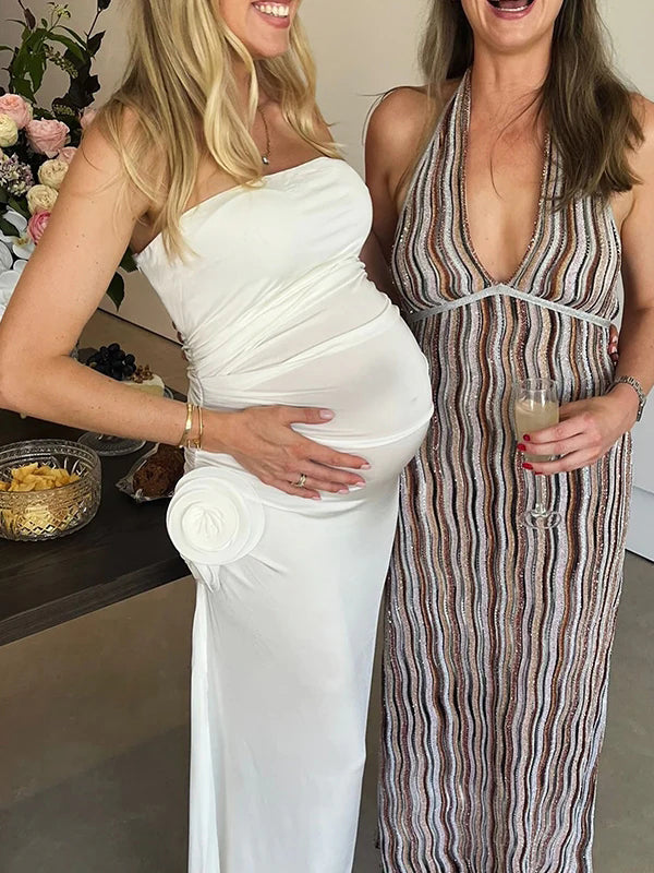 fotobeyou White 3D Flower Strapless Side Slit Elegant Maternity Party Maxi Dress