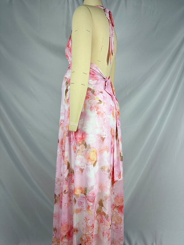 Pink Floral Ruched Backless Chic Maternity Baby Shower Maxi Dress