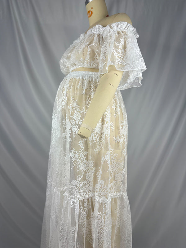 fotobeyou White Boho Lace Bandeau Crop Ruffle 2-in-1 Side Slit Photoshoot Maternity Maxi Dress