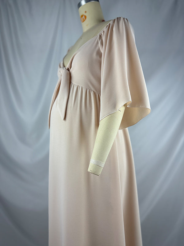 fotobeyou Beige Bow Flutter Sleeve Plus Photoshoot Maternity Maxi Dress
