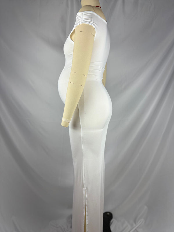fotobeyou White One Shoulder Side Slit Chic Maternity Baby Shower Maxi Dress