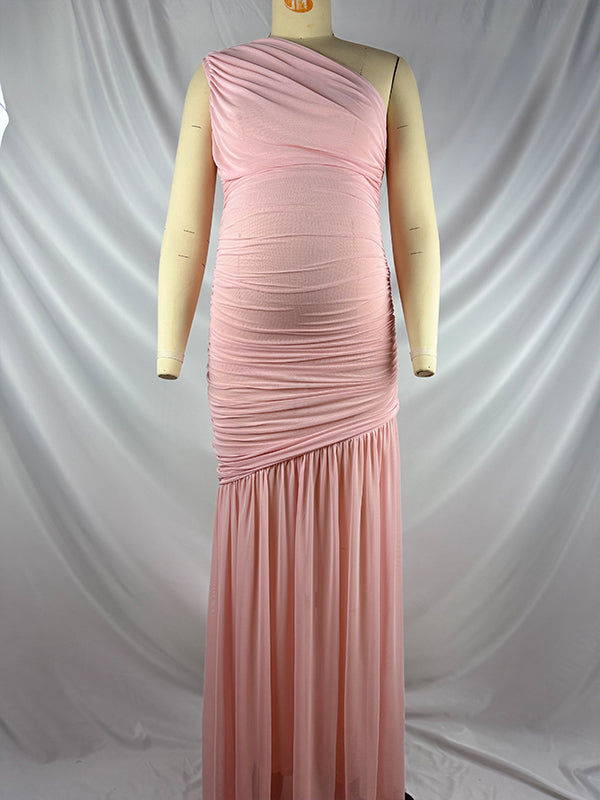 One Shoulder Mesh Ruched Mermaid Evening Gown Maternity Maxi Dress