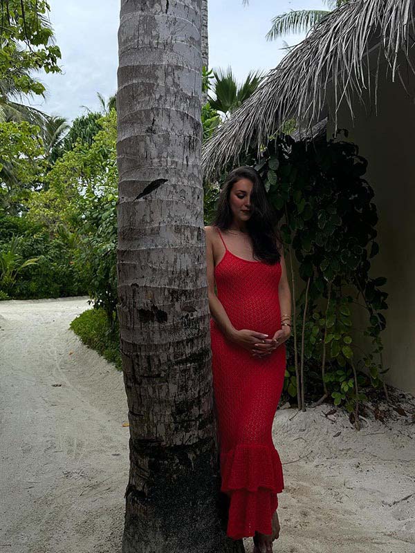 fotobeyou Red Crochet Hollow Out Ruffle Falbala Frill Hem Cami Bodycon Elegant Baby Moon Beach Maternity Photoshoot Baby Shower Mini Dress