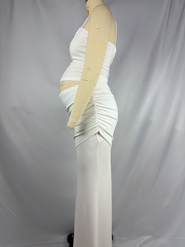 fotobeyou White One Shoulder Ruched Crop Two Piece Set Maternity Maxi Dress