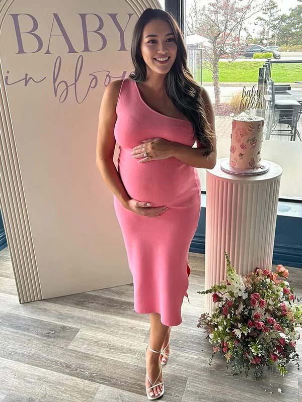 Pink Ruched One Shoulder Side Slit Elegant Maternity Maxi Dress