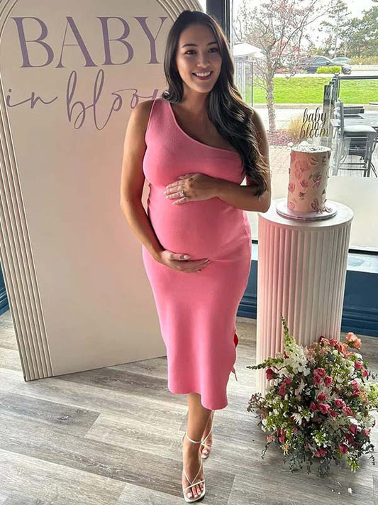 Pink Ruched One Shoulder Side Slit Elegant Maternity Maxi Dress