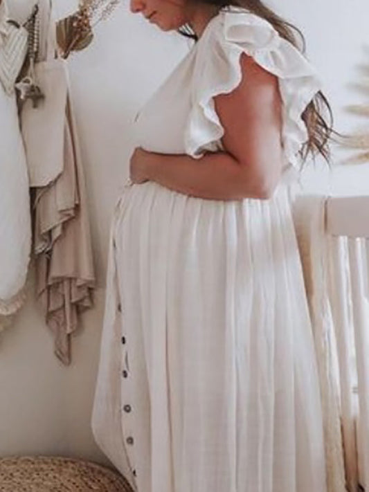 fotobeyou White Ruffle Single Breasted Drawstring Tie Back Bohemain Baby Shower Photoshoot Maternity Maxi Dress