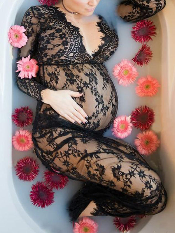 fotobeyou White Lace Robe V-neck Bathtub Photoshoot Plus Size Maternity Maxi Dress