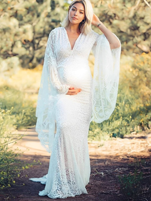 fotobeyou White Lace Trumpet V-Neck Flare Sleeve Bodycon Prom Wedding Gown Photoshoot Maternity Maxi Dress