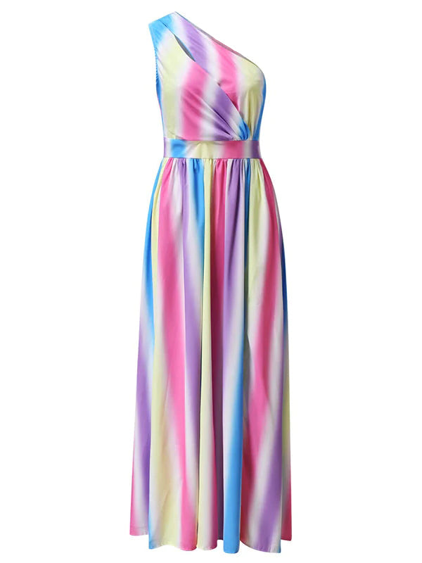 fotobeyou Rainbow Pink & Blue Off Shoulder Cut Out Ruffle Slit Side Irregular Gender Reveal Dress Maternity Maxi Dress