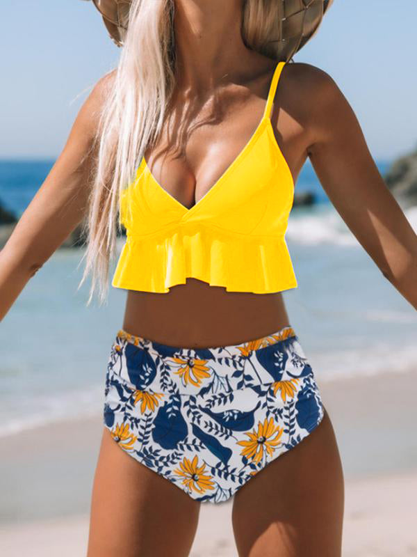 fotobeyou Floral Condole Belt Ruffle 2-in-1 Backless Adjustable-straps V-neck Fashion Beach Maternity Swimwear
