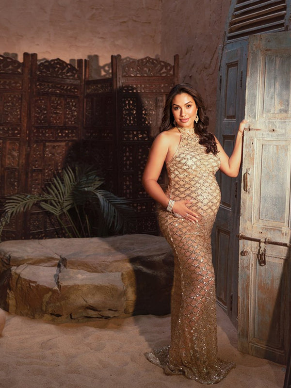 fotobeyou Off Shoulder Backless Sequins Mermaid Halter Neck Banquet Evening Gown Maternity Maxi Dress