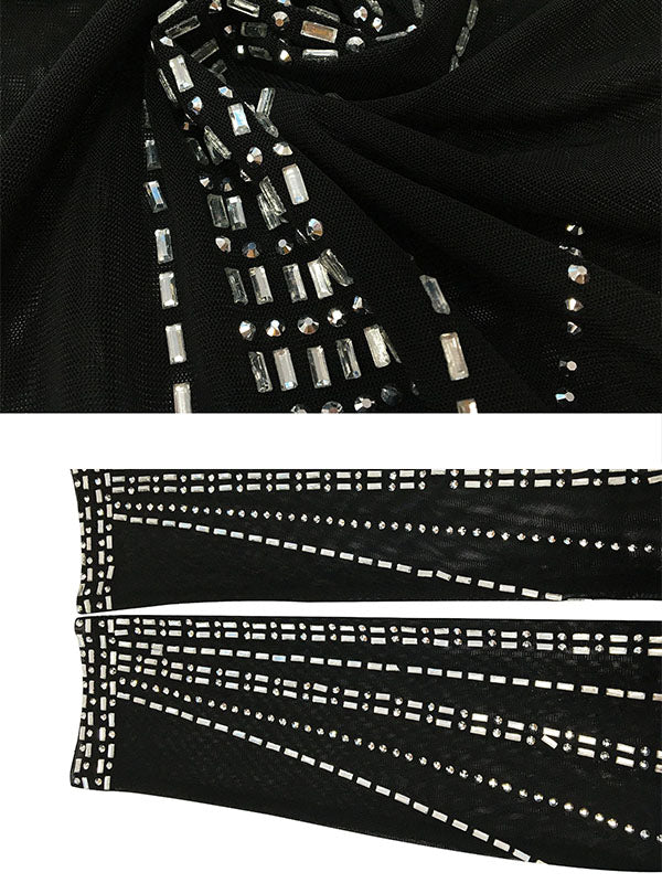 fotobeyou Black Mesh Rhinestone High Neck Crop 2-in-1 Midriff Bodycon Long Sleeve Photoshoot Evening Plus Size Maternity Maxi Dress