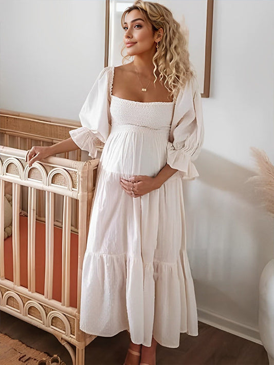 fotobeyou White Off Shoulder Ruffle Shirred Boat Neck Puff Sleeve Bow Bohemian Ivory Maternity Photoshoot Dress