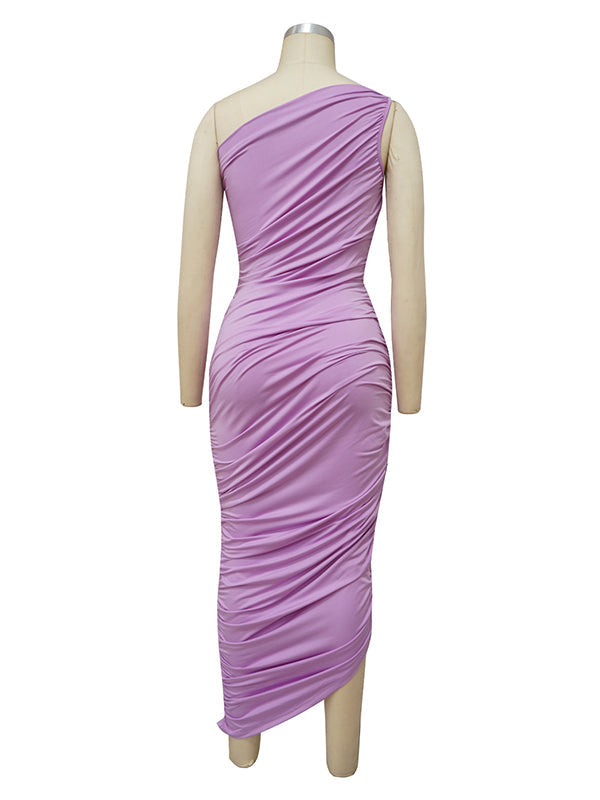 fotobeyou Lavender One Shoulder Ruched Shirred Bodycon Baby Shower Maternity Midi Dress