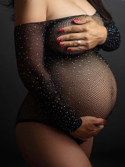 fotobeyou Black Off Shoulder Maternity Photoshoot Body Rhinestones Crystal Bodysuit