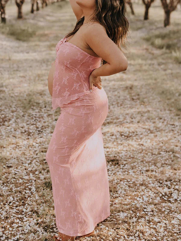 fotobeyou 2 Piece Lace Tube Tie Ruffle Elegant Fashion Bodycon Vacation Photoshoot Baby Shower Maternity Maxi Dress