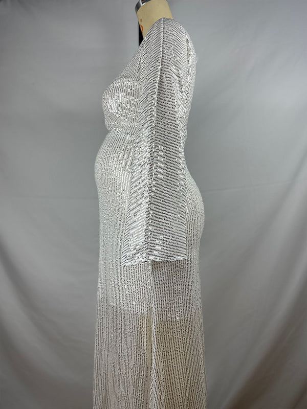 fotobeyou Belly Friendly Sequin Mermaid V-neck Dolman Sleeve Babyshower Maternity Maxi Dress