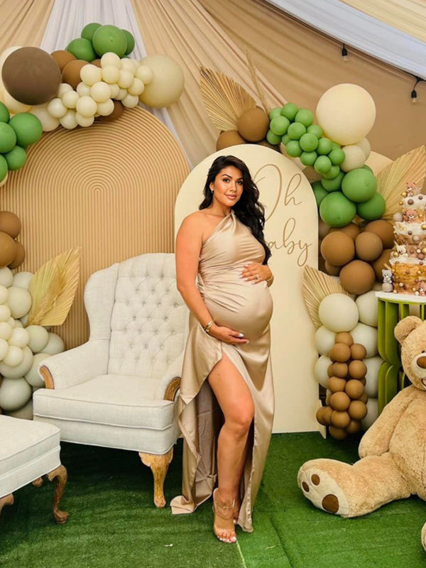fotobeyou Champagne Gold One Shoulder Backless Side Slit Satin Evening Babyshower Maternity Maxi Dress