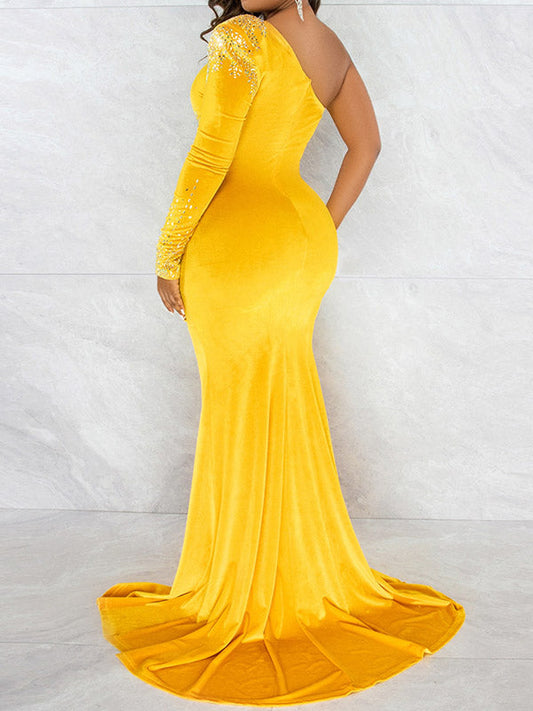 fotobeyou Elegant Velvet Side Slit Rhinestones Sparkly Grenadine Transparent Mermaid Floor Mopping Maternity Occasion Maxi Dress